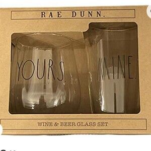 NIB Rae Dunn by Enchante "Yours Mine" Wine and Beer Glass Gift Set